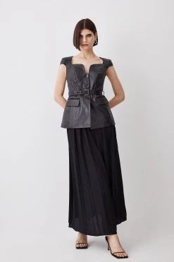 Karen Millen Leather Belted Pleat Skirt Midi Dress