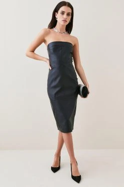 Karen Millen Petite Leather Bandeau Pencil Midi Dress