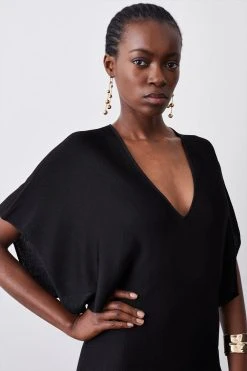 Karen Millen Slinky Knit Kimono Sleeve V Neck High Low Midaxi Dress