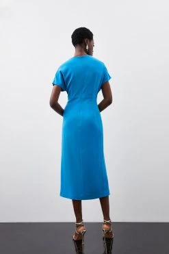Karen Millen Premium Crepe Twist Waist Detail Cap Sleeve Midi Dress