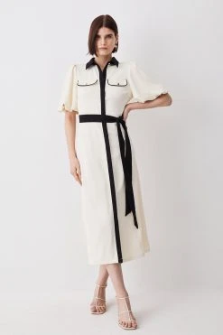 Karen Millen Belted Twill Short Sleeve Midi Dress