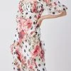 Karen Millen Spot Floral Chiffon Square Neck Ruffle Maxi Dress