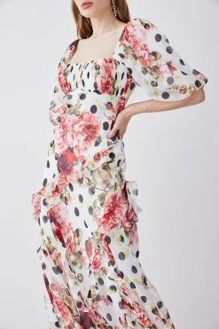 Karen Millen Spot Floral Chiffon Square Neck Ruffle Maxi Dress