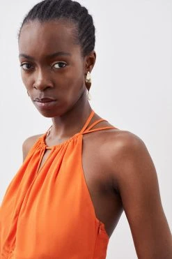 Karen Millen Premium Ruched Halter Strappy Maxi Dress