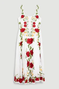 Karen Millen Rose Embroidered Cotton Organdie Midi Dress